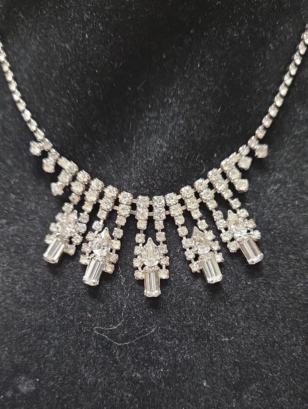 Vintage 1940's Silver Crystal Fringe Statement Necklace - Women Jewelry
